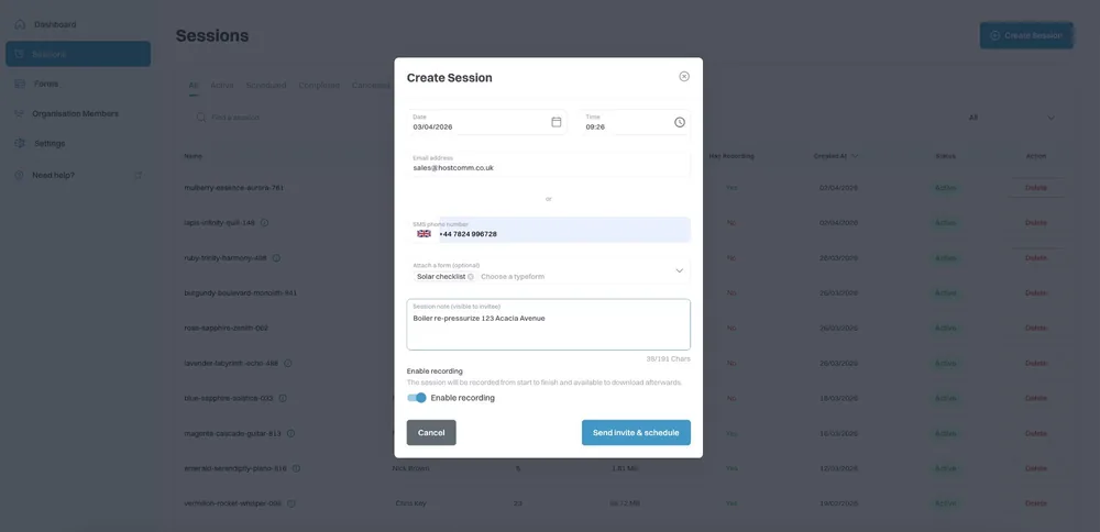 The RVX console with the create-session dialogue open
